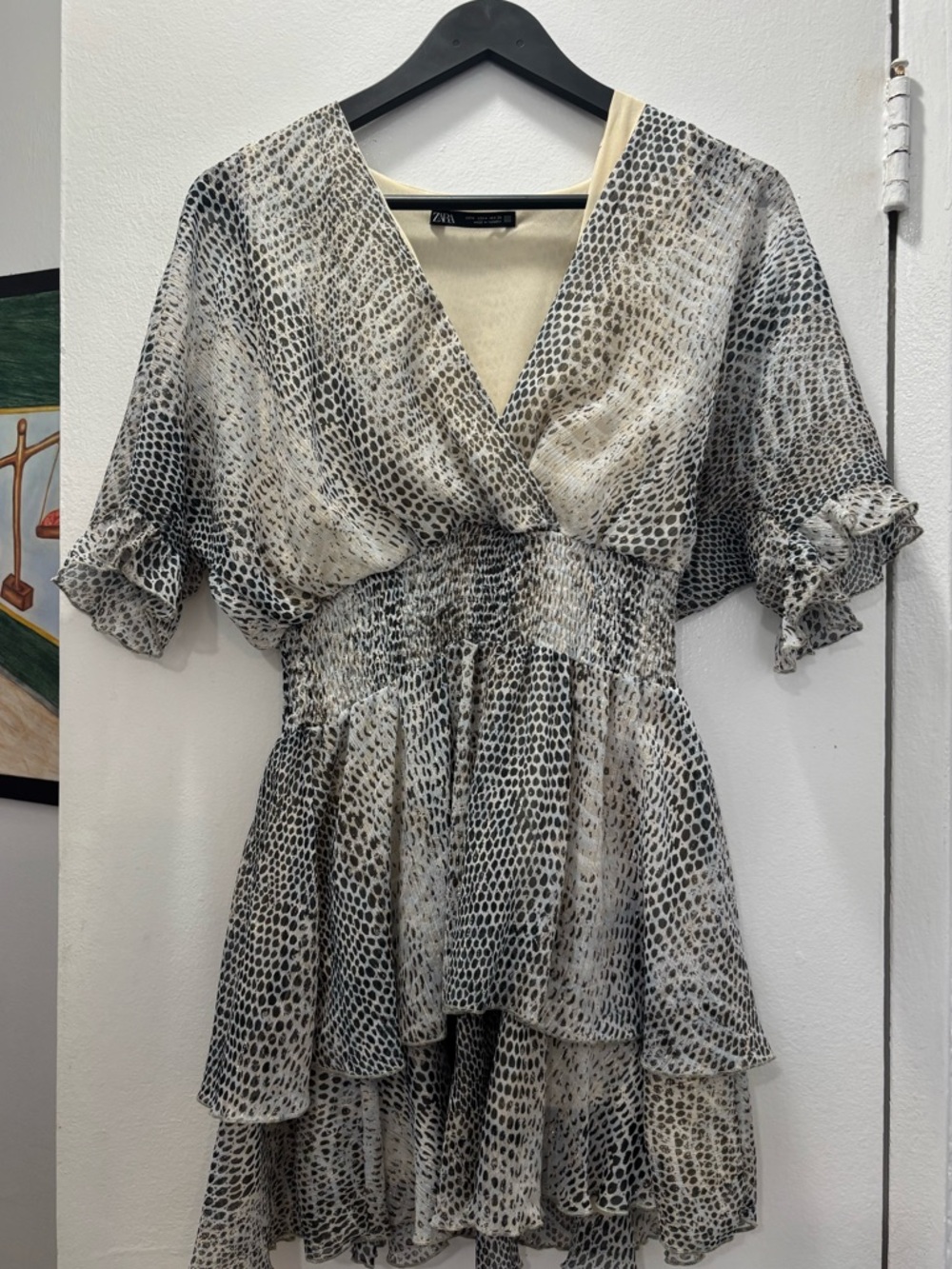 Zara Cream and Black Printed Tiered V-Neck Dress